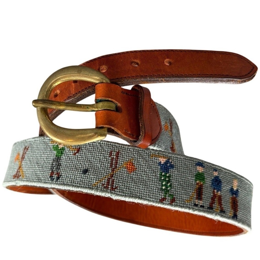 Vintage Needlepoint Golf Belt Mens Leather/  Costa Rica Brass Buckle Size 44